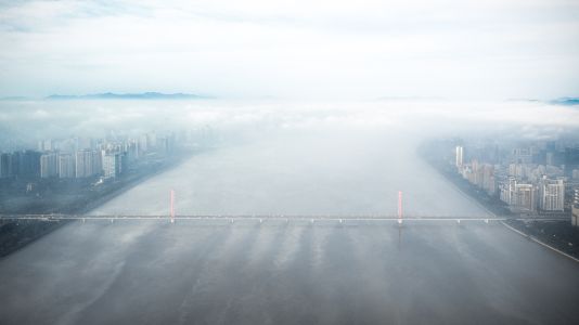 江河,桥,城镇,雾,航拍,建筑