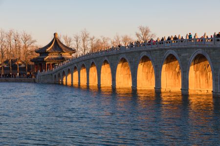 中国,北京,颐和园,自然风光,城镇,江河,天空,桥,拱桥,建筑,植物,树木,环境人像