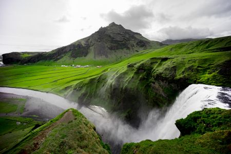 瀑布,国外,山川,冰岛,斯科加瀑布,自然风光,俯瞰,草原,天空