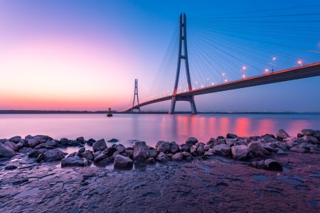 建筑,天空,晚霞,城镇,高架桥,江河,道路,桥