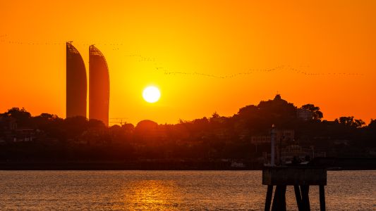 自然风光,太阳,日落,江河,天空,全景,建筑