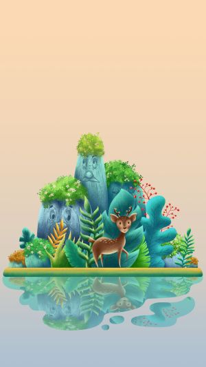 小鹿,假山,绿叶子,扁平插画,插画