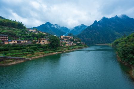 自然风光,山川,天空,江河,植物,树木,森林,白云,建筑,村镇,青草