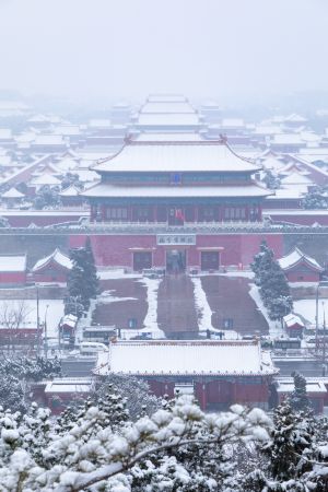 建筑,冬天,中国,北京,俯瞰,景山公园,传统建筑,历史古迹,城镇,自然风光,雪,天空,森林,植物,树木,道路,雾