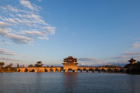 湖泊,桥,建筑,中国,红河,云南,天空