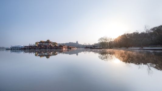 湖泊,全景,自然风光,建筑,植物,树木