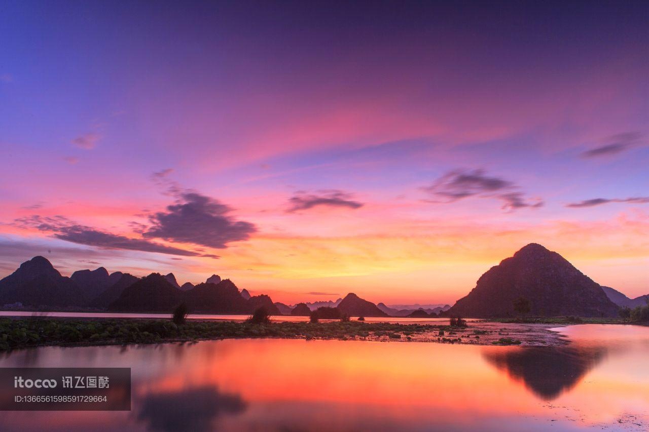 天空,霞光,湖泊