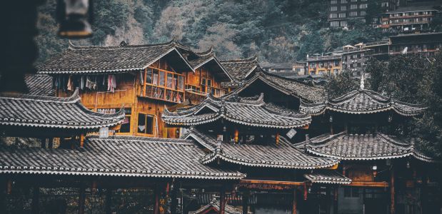 全景,历史古迹,城镇,村镇,建筑,仰拍,森林,植物,树木