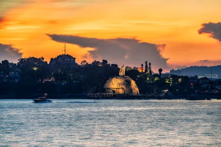 日落,天空,自然图像,气候气象,雕像,海洋,自然风光,植物,树木,船,建筑