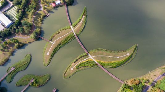 航拍,城镇,建筑,自然风光,湖泊,江河,道路,植物,叶子形小岛