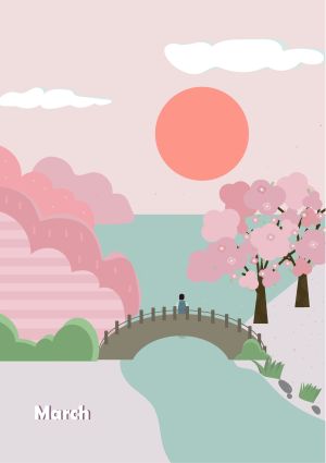 天空,粉色,小桥流水,设计素材,卡通素材,插画,扁平插画,太阳,春天,白云,植物,树木