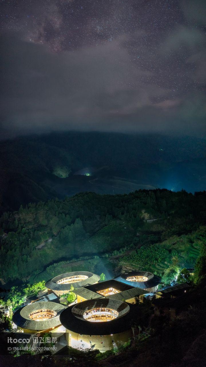 星空,山川,建筑