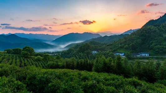 自然风光,俯瞰,天空,森林,植物,树木,山川,建筑,村镇