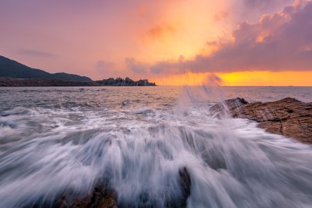 自然风光,特写,浪花,晚霞,天空,海洋,岩石,山川