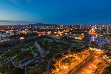 建筑,山西,大同,都市夜景,中国,城镇,都市,夜晚,俯瞰,航拍,天空,道路,植物,树木