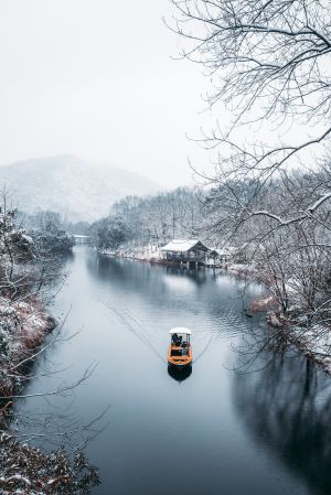 冬天,俯瞰,自然风光,天空,江河,特写,植物,树木,森林,雪,船,交通工具,山川,建筑