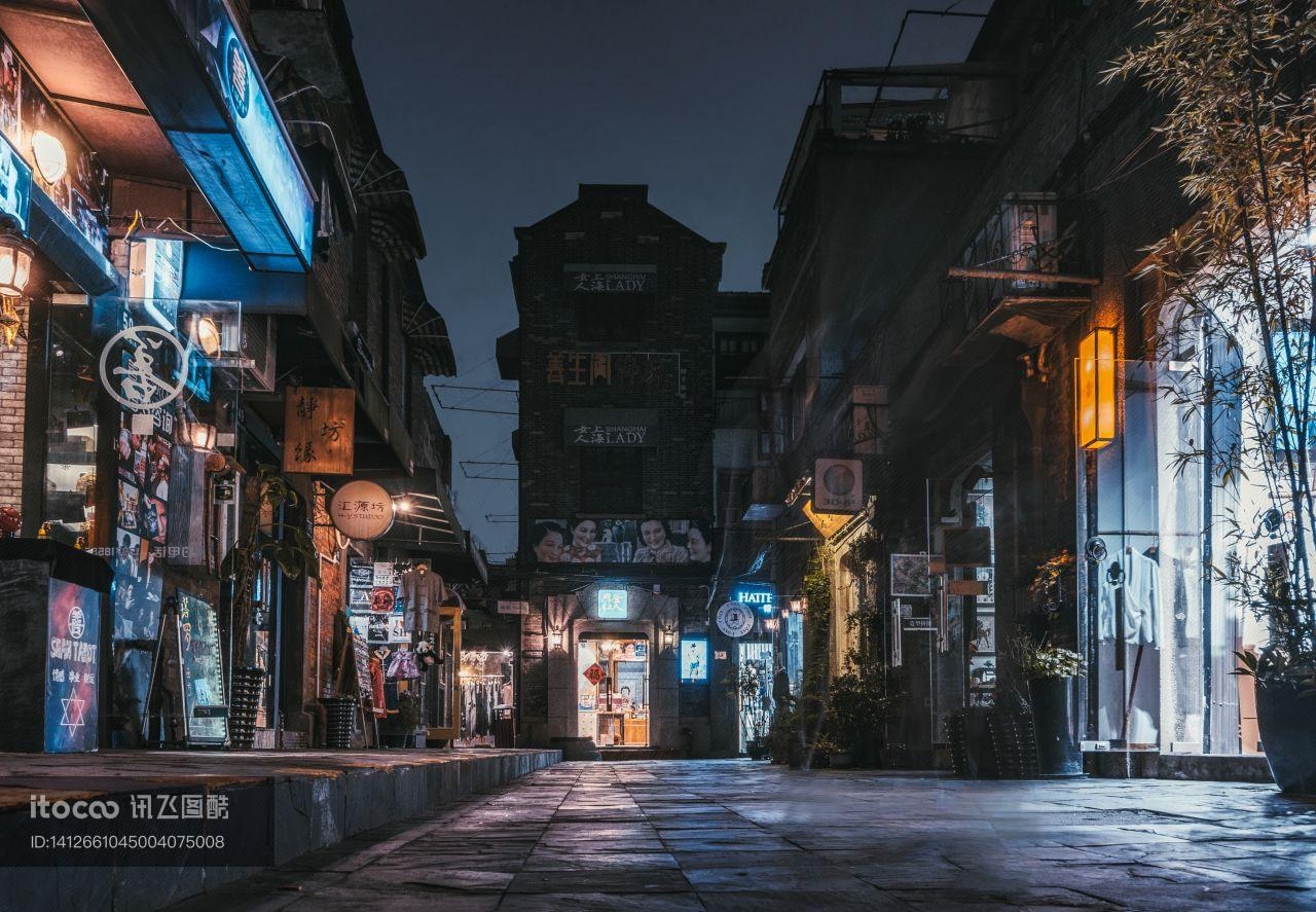 都市夜景,建筑夜景,街道