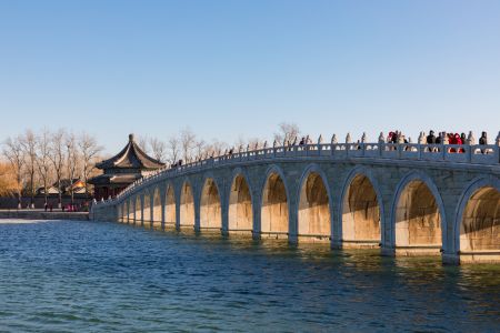 中国,北京,颐和园,自然风光,天空,江河,桥,拱桥,植物,树木,建筑,环境人像