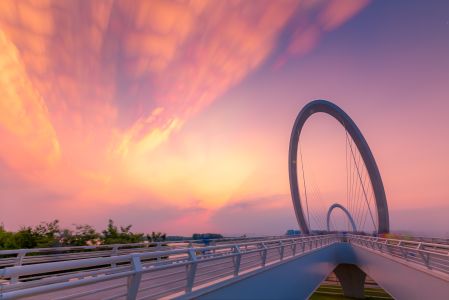 建筑,自然风光,晚霞,天空,日落,桥,道路,白云,植物,树木