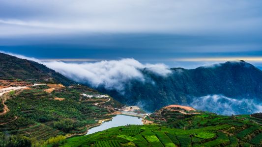 瀑布,梯田,自然风光,山川,天空,全景