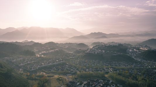 建筑,树木,天空,植物,特写,自然风光,中国,白云,太阳,山峦,城镇