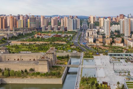 中国,山西,航拍,俯瞰,大同,城镇,天空,植物,树木,建筑,都市,道路
