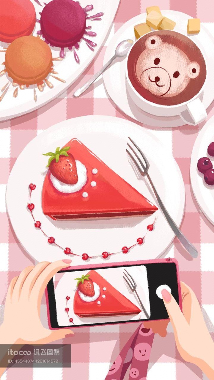 草莓蛋糕,小熊咖啡,叉子