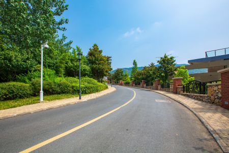 建筑,公路,道路,城镇,天空,植物,树木,青草,白云