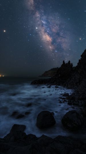 自然风光,星空,夜晚,天空,星星,岩石,海洋