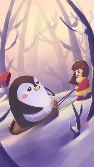 企鹅,女孩,雪地,插画
