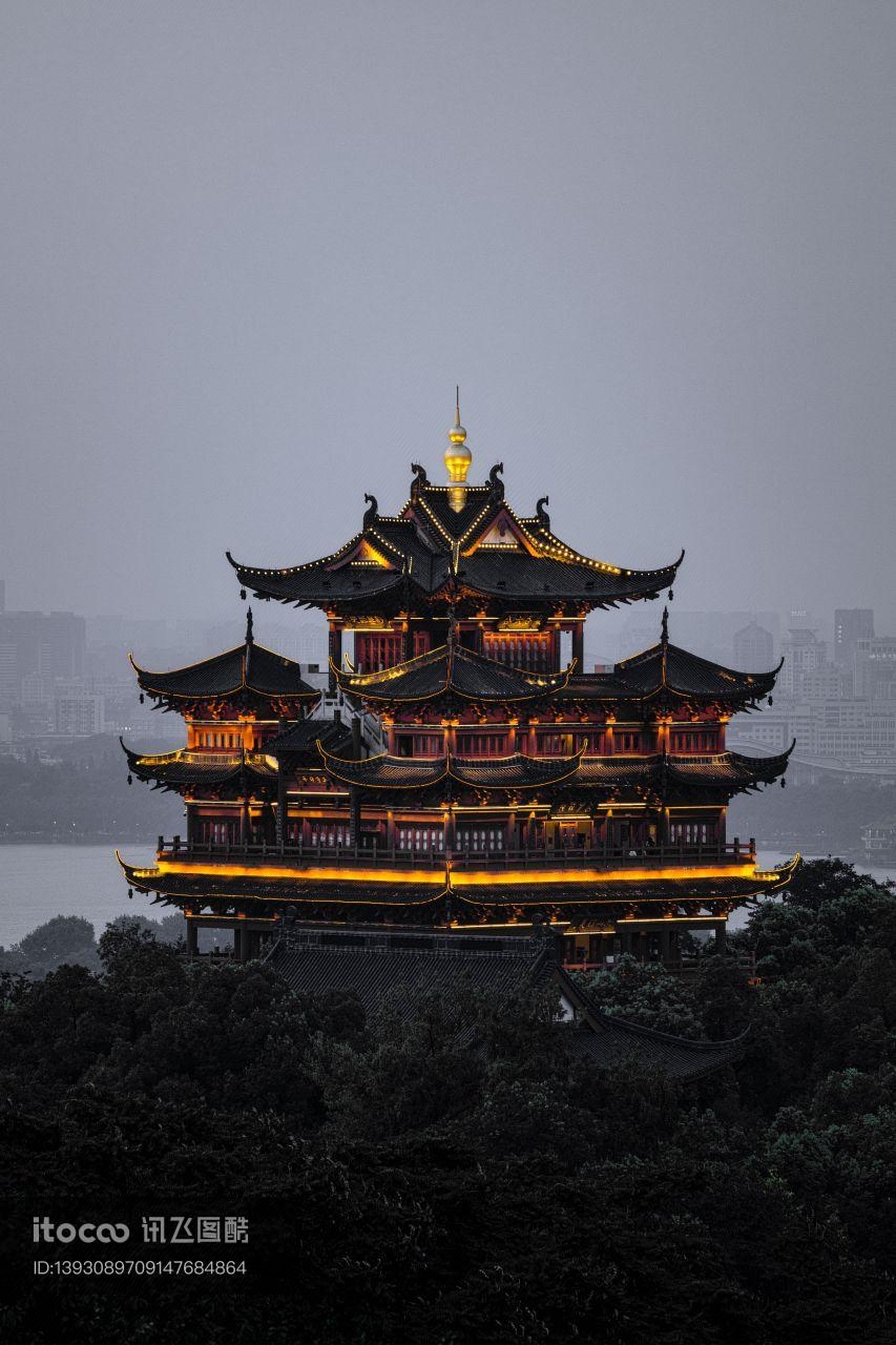 杭州西湖城隍阁夜景,建筑,中国