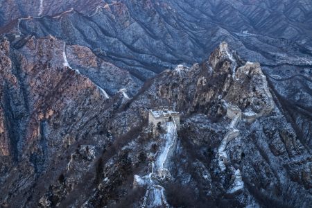 中国,北京,山川,冬天,箭扣长城,历史古迹,自然风光,航拍,俯瞰,建筑,雪