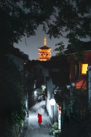 夜晚,俯瞰,传统建筑,建筑,历史古迹,村镇,天空,道路,植物,树木,城镇,全身像,环境人像