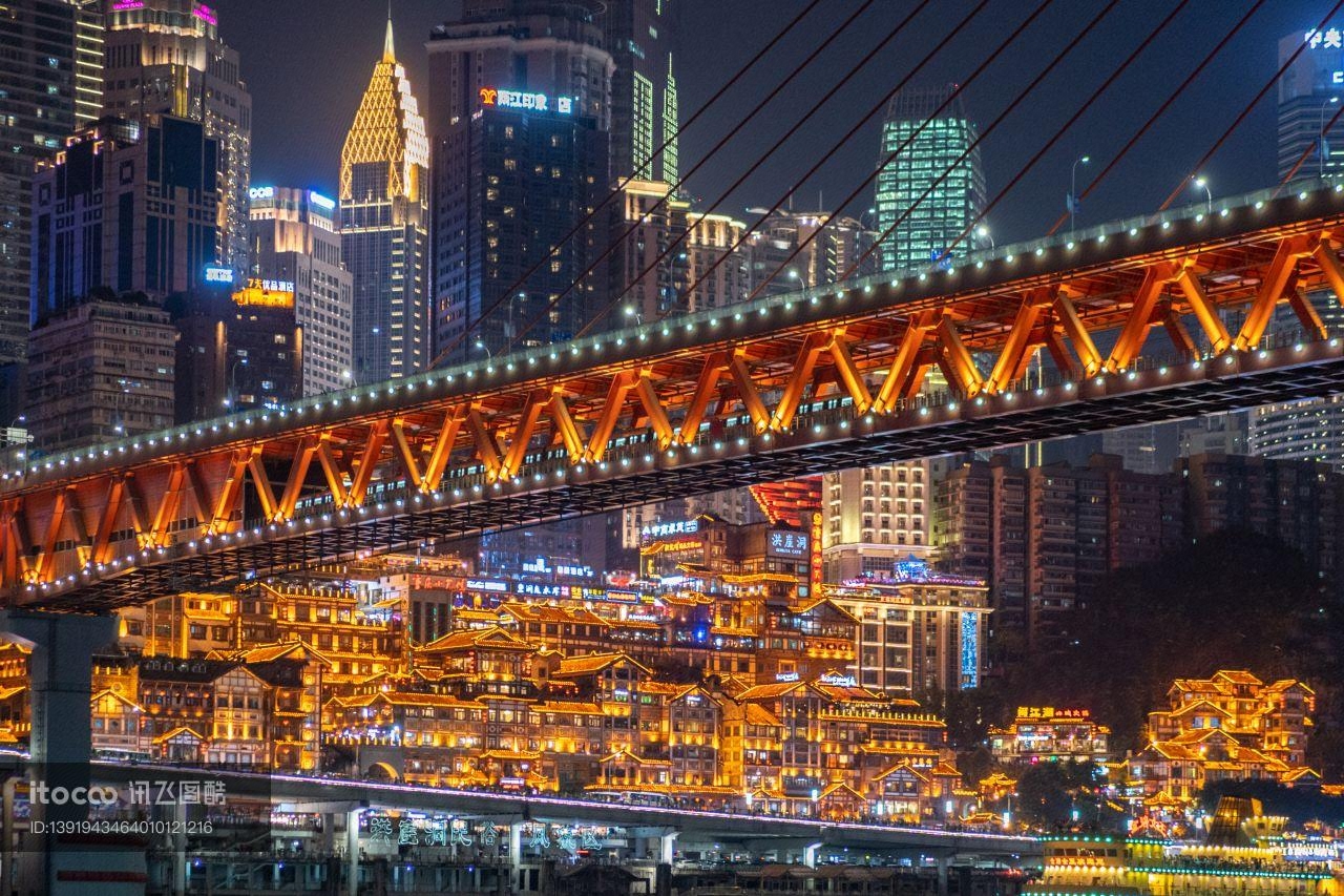 重庆千厮门大桥,建筑夜景,都市夜景