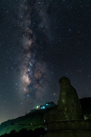 星空,佛像,宗教文化,夜晚,全景,自然风光,山川,城镇