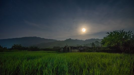 自然风光,太阳,天空,山川,植物,青草,建筑