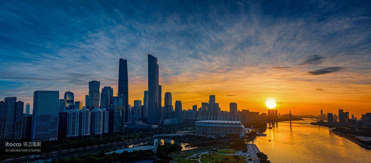 日落,全景,城镇