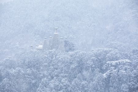 俯瞰,中国,北京,植物,树木,冬天,碧云寺,自然风光,森林,雪,建筑,历史古迹,寺庙,雾