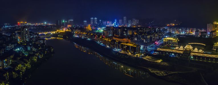 城镇,建筑,夜晚,航拍,江河