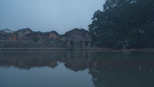 建筑,村镇,民居,湖泊,自然风光,城镇,全景,江河,植物,树木
