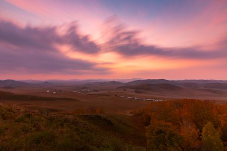 自然风光,晚霞,草原,天空,植物,青草,树木,日落