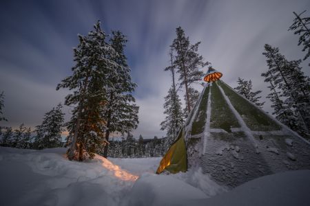 森林,雪,夜晚,树木,帐篷,冰雪,自然风光,物品,冬天,特写,山峦,天空,植物,人物活动