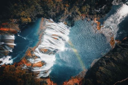瀑布,航拍,特写,自然风光,江河,森林,岩石,植物,树木