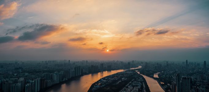 天空,霞光,城镇,自然风光,江河,全景