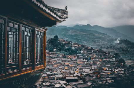 俯瞰,历史古迹,村镇,建筑,城镇,天空,乌云,山川,森林,植物,树木