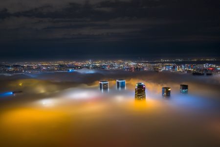 夜晚,城镇,都市,航拍,俯瞰,都市夜景,建筑,天空,雾,乌云