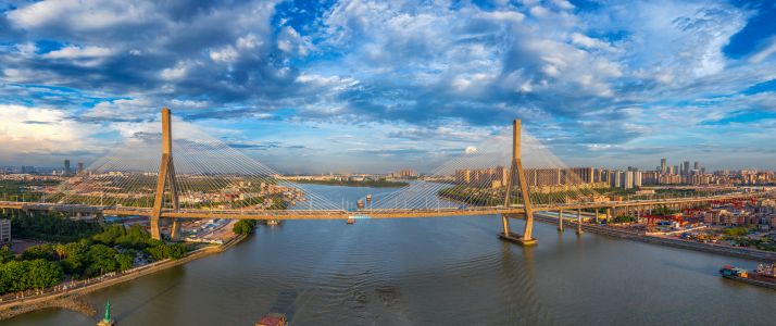 建筑,城镇,都市,桥,全景,江河,白云,天空