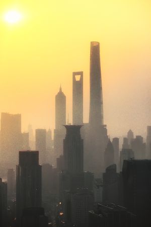 建筑,三剑客日出,现代建筑,浓雾,摩天大楼,城市天际线,高视角,城镇,都市,日出,中国,上海,天空,太阳,雾,全景,背景素材,自然图像,气候气象,自然风景,无人