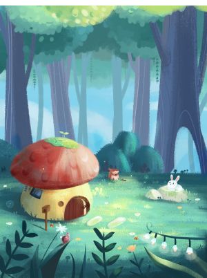 蘑菇屋,小兔子,树林,卡通素材,插画,扁平插画