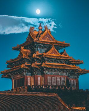 北京,建筑,夜晚,景点,历史古迹,天空,月亮,角楼,传统建筑,自然风光,城镇,全景,宫殿